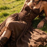 Natalia - Vestido Maxi de Chiffon com Painéis de Renda Castanho Escuro para Mulher