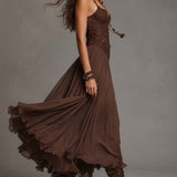 Natalia - Vestido Maxi de Chiffon com Painéis de Renda Castanho Escuro para Mulher