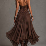 Natalia - Vestido Maxi de Chiffon com Painéis de Renda Castanho Escuro para Mulher