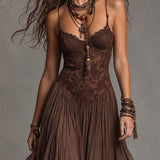 Natalia - Vestido Maxi de Chiffon com Painéis de Renda Castanho Escuro para Mulher