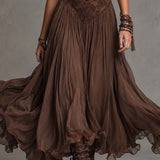 Natalia - Vestido Maxi de Chiffon com Painéis de Renda Castanho Escuro para Mulher