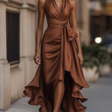 DELAS | Vestido de Satin Drapeado na Cintura para Mulher