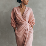 Rosa - Vestido Maxi Minimalista com decote em V em mistura de Linho para Mulher