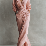 Rosa - Vestido Maxi Minimalista com decote em V em mistura de Linho para Mulher