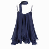 Brisa - Minivestido para mulher com decote em V, alças no pescoço, folhos e lenço na manga
