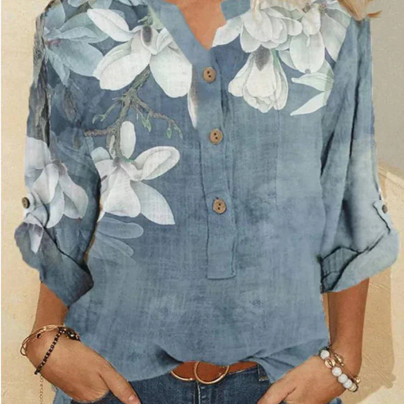 Camisa feminina de gola alta em algodão com bordados florais