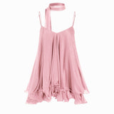 Brisa - Minivestido para mulher com decote em V, alças no pescoço, folhos e lenço na manga