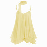Brisa - Minivestido para mulher com decote em V, alças no pescoço, folhos e lenço na manga