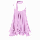 Brisa - Minivestido para mulher com decote em V, alças no pescoço, folhos e lenço na manga
