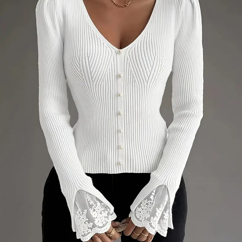 Mariana - Camisola Canelada com Decote em V e Mangas em Renda