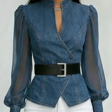 Alessia | Top em denim com mangas em chiffon leve para Mulher