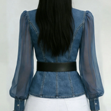 Alessia | Top em denim com mangas em chiffon leve para Mulher