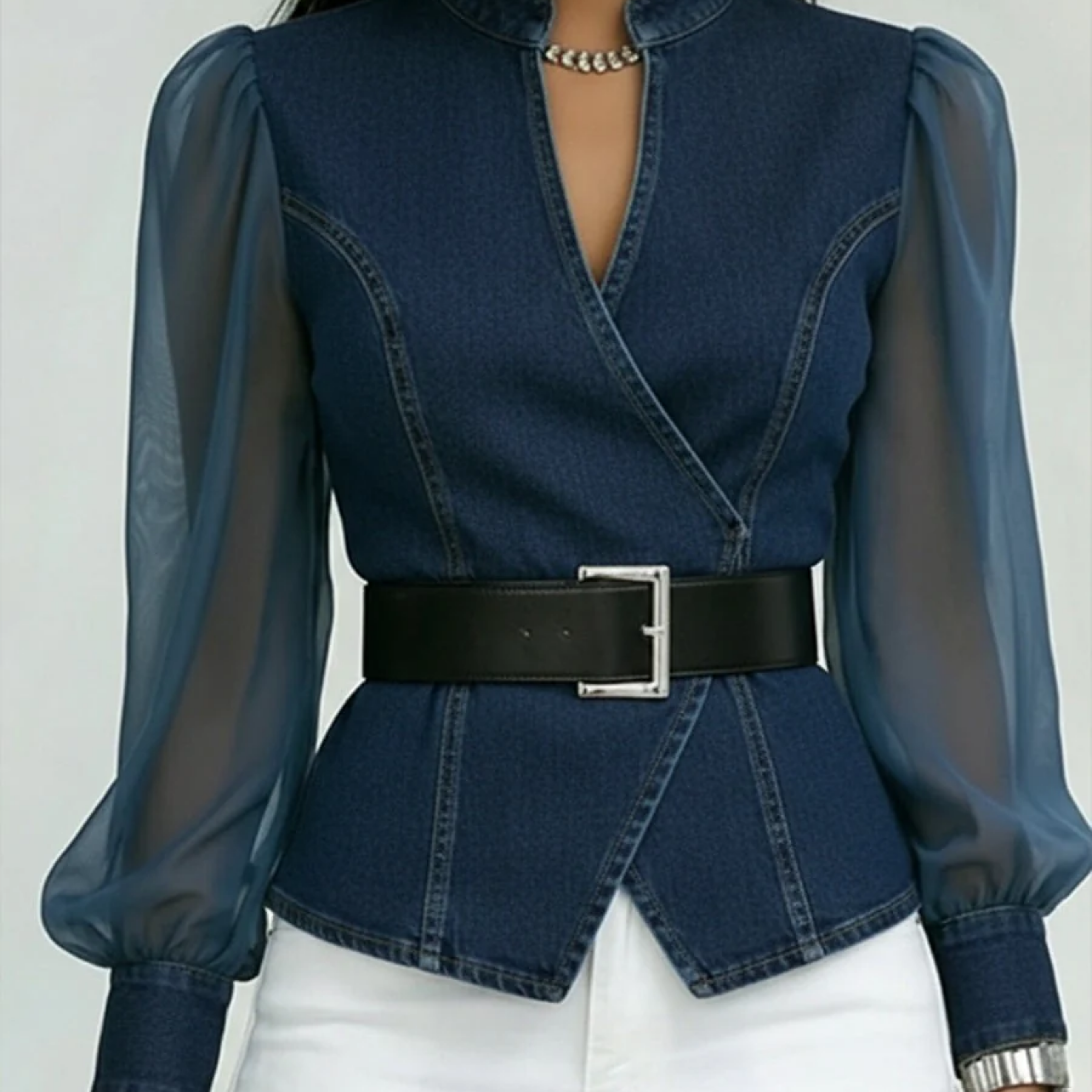 Alessia | Top em denim com mangas em chiffon leve para Mulher