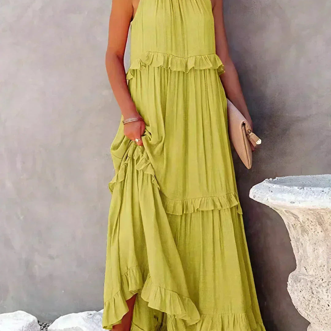 Sarah | Vestido longo com babados e alças finas