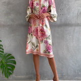Rosalva - Robe Manga Lanterna Colar Crantado Impresso para Mulher