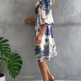 Rosalva - Robe Manga Lanterna Colar Crantado Impresso para Mulher