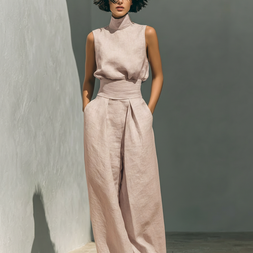 Aida - Conjunto de Blusa Sem Mangas e Calças de Perna Larga em Algodão e Linho Minimalista para Mulher