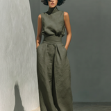 Aida - Conjunto de Blusa Sem Mangas e Calças de Perna Larga em Algodão e Linho Minimalista para Mulher