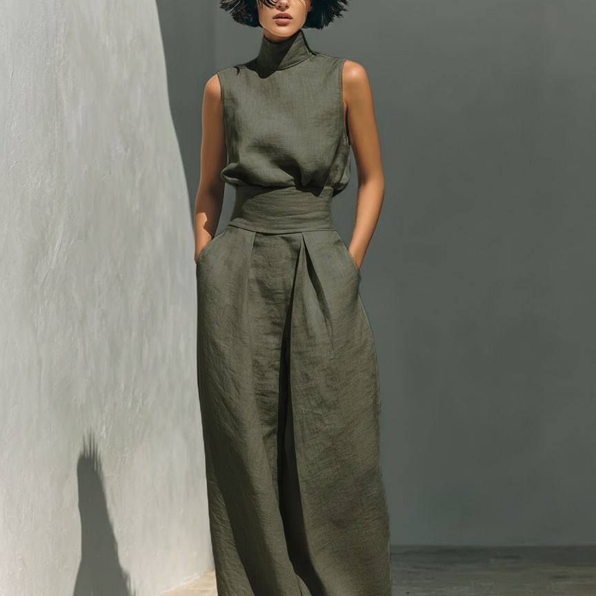 Aida - Conjunto de Blusa Sem Mangas e Calças de Perna Larga em Algodão e Linho Minimalista para Mulher