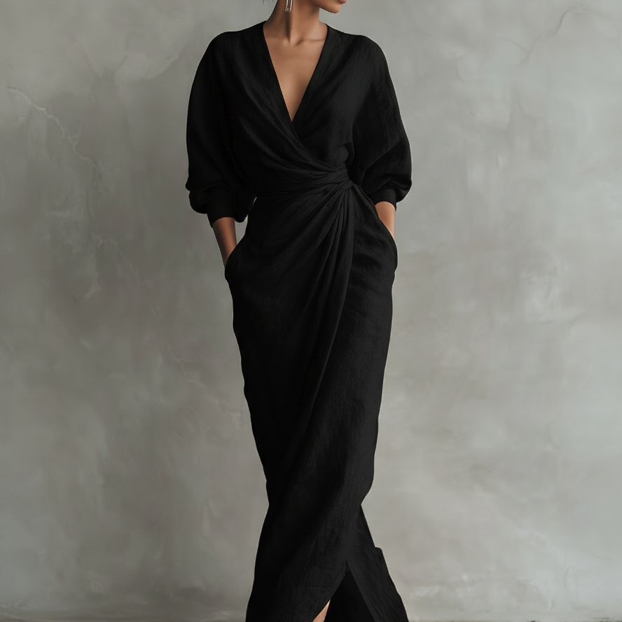 Rosa - Vestido Maxi Minimalista com decote em V em mistura de Linho para Mulher