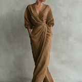 Rosa - Vestido Maxi Minimalista com decote em V em mistura de Linho para Mulher