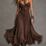 Natalia - Vestido Maxi de Chiffon com Painéis de Renda Castanho Escuro para Mulher