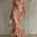 Fiora | Vestido longo com estampa vintage de rosas e mangas bufantes para Mulher