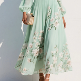Menta - Vestido Maxi Plissê em Chiffon Verde Menta com Estampa Floral para Mulher