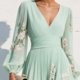 Menta - Vestido Maxi Plissê em Chiffon Verde Menta com Estampa Floral para Mulher