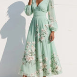 Menta - Vestido Maxi Plissê em Chiffon Verde Menta com Estampa Floral para Mulher