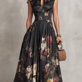 Dunora - Vestido Midi de Cetim Plissado Floral com Gola para Mulher