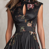 Dunora - Vestido Midi de Cetim Plissado Floral com Gola para Mulher