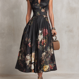 Dunora - Vestido Midi de Cetim Plissado Floral com Gola para Mulher