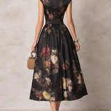 Dunora - Vestido Midi de Cetim Plissado Floral com Gola para Mulher