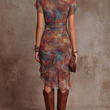 Martina | Vestido midi plissado com decote em V, estampa de arte abstrata em estilo boémio para Mulher