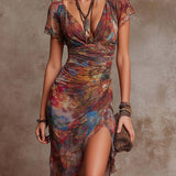 Martina | Vestido midi plissado com decote em V, estampa de arte abstrata em estilo boémio para Mulher