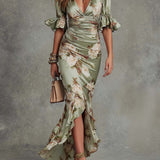 Anastasia | Vestido Longo em Cetim com Estampa Floral para Mulher