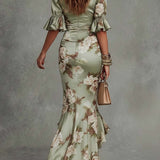 Anastasia | Vestido Longo em Cetim com Estampa Floral para Mulher