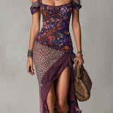 Druida - Vestido Maxi Floral com Estampa de Leopardo Nómada Urbano em Roxo com Fenda Alta para Mulher