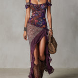 Druida - Vestido Maxi Floral com Estampa de Leopardo Nómada Urbano em Roxo com Fenda Alta para Mulher