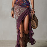 Druida - Vestido Maxi Floral com Estampa de Leopardo Nómada Urbano em Roxo com Fenda Alta para Mulher
