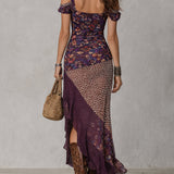 Druida - Vestido Maxi Floral com Estampa de Leopardo Nómada Urbano em Roxo com Fenda Alta para Mulher