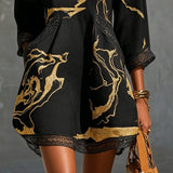 Diana | Vestido curto estampado em preto e dourado com decote em V e renda de crochê para Mulher