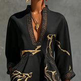 Diana | Vestido curto estampado em preto e dourado com decote em V e renda de crochê para Mulher