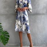 Rosalva - Robe Manga Lanterna Colar Crantado Impresso para Mulher