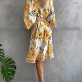 Rosalva - Robe Manga Lanterna Colar Crantado Impresso para Mulher