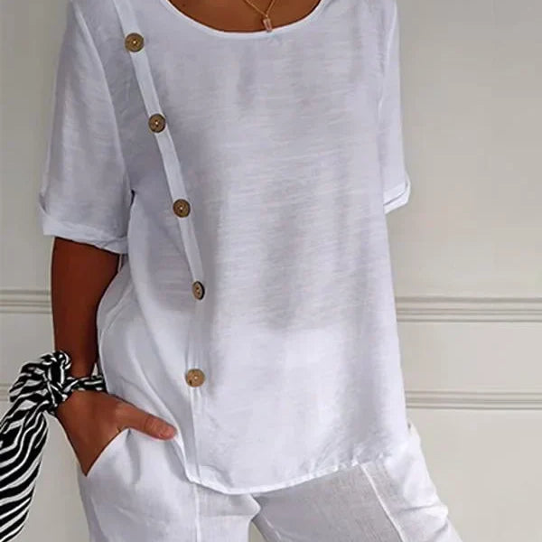 Sandra - Camisa casual com botões para mulher em algodão e linho