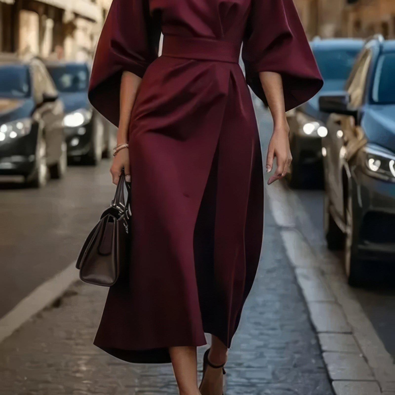 Margaret - Vestido de Mulher elegante com mangas lanterna e cinto