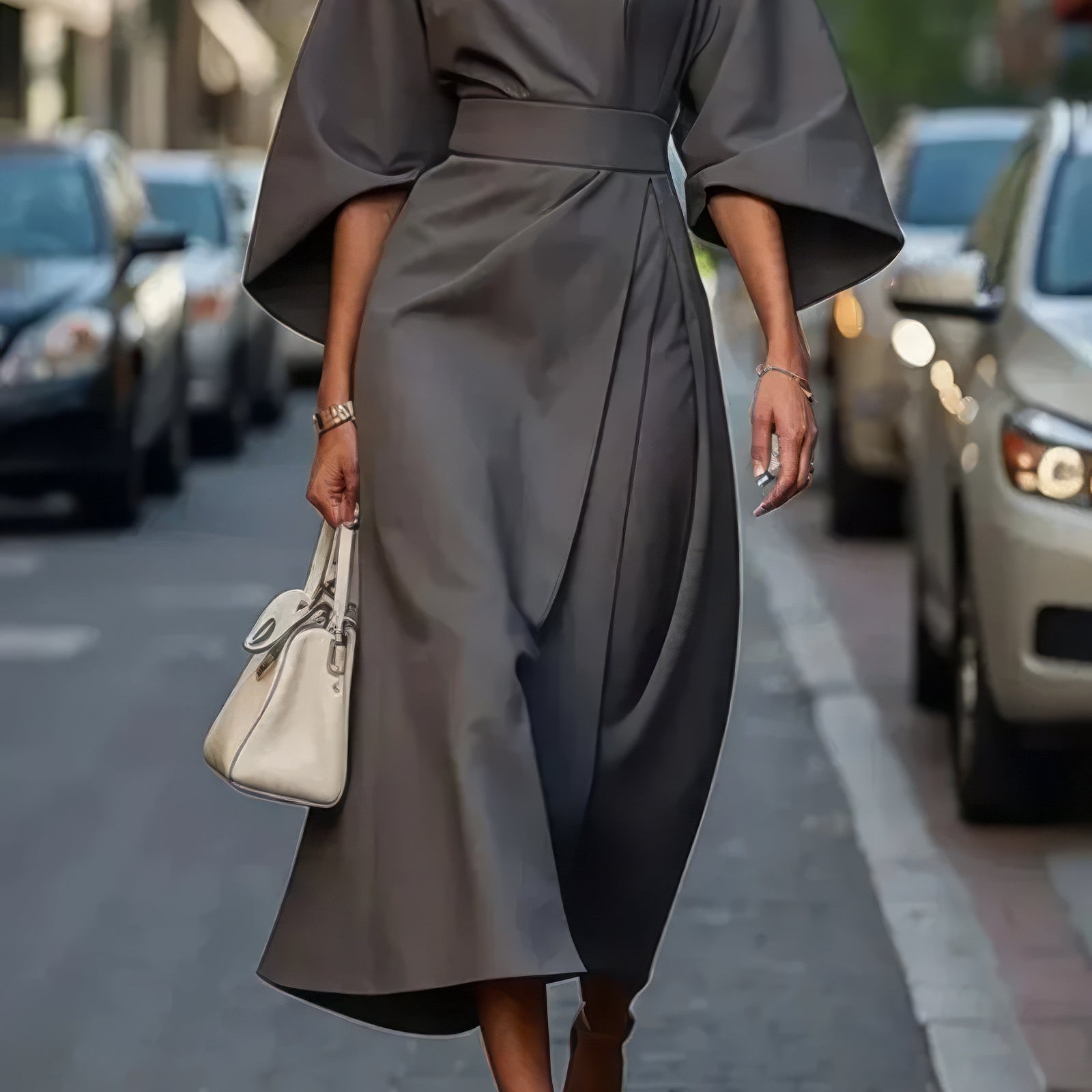 Margaret - Vestido de Mulher elegante com mangas lanterna e cinto