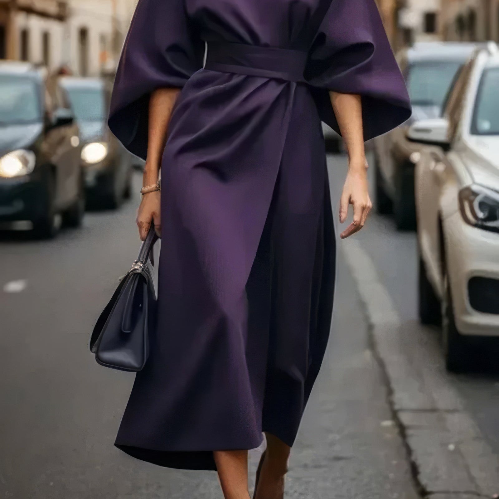 Margaret - Vestido de Mulher elegante com mangas lanterna e cinto